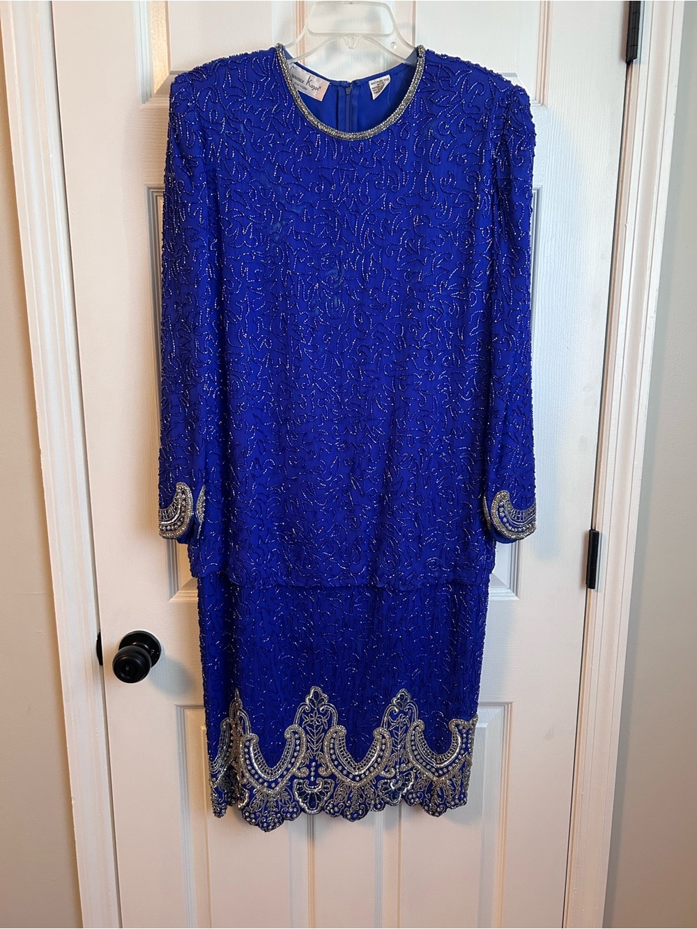 Vintage Laurence Kazar Royal Blue Silk Beaded Drop Waist Dress Size Medium
